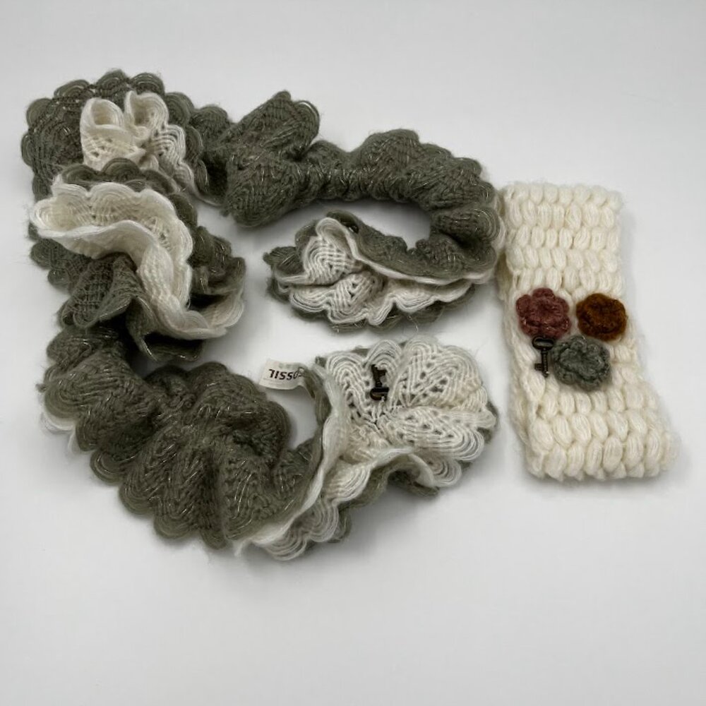 Fossil Bundle of White Headband and Grey and White Shine Scarf
